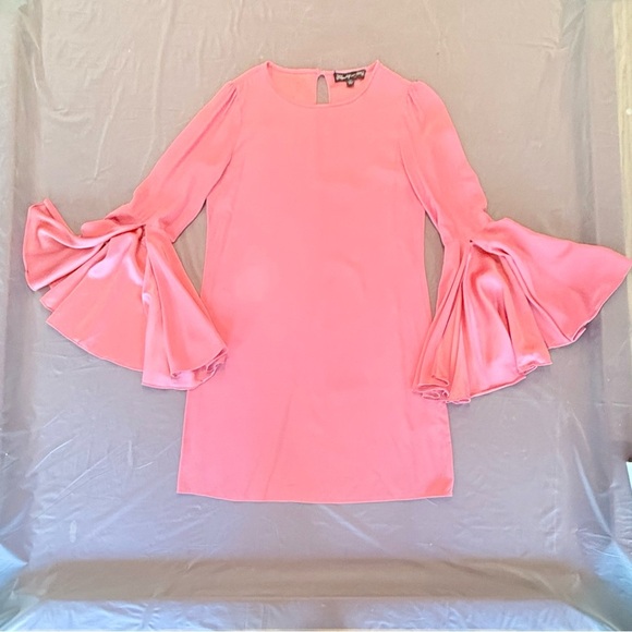 Elizabeth and James Pink Boatneck Fluted Sleeve Silk Mini Shift Dress XS $495 - Picture 7 of 15